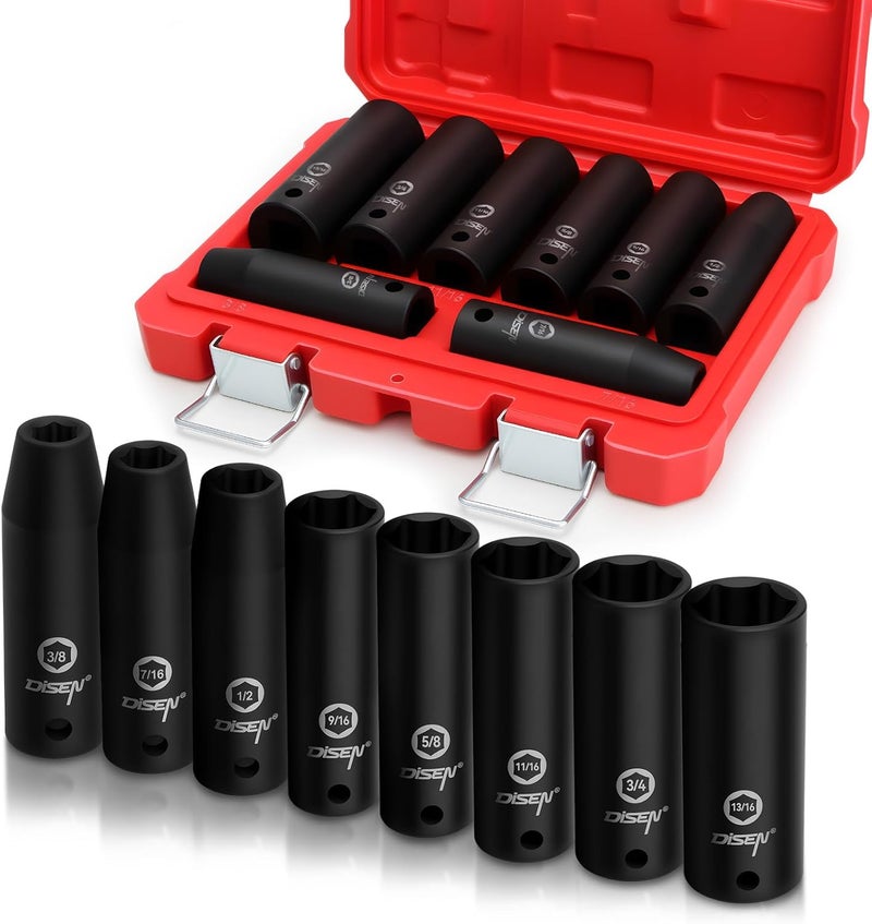 DISEN 8 Pcs 1/2" SAE Impact Socket Set, Deep Sockets 3/8"- 13/16", 6-Point Cr-V & Alloy Steel, 1/2 Inches Drive Impact Socket Set,Rugged Construction, Enhanced Storage Case - Image 1